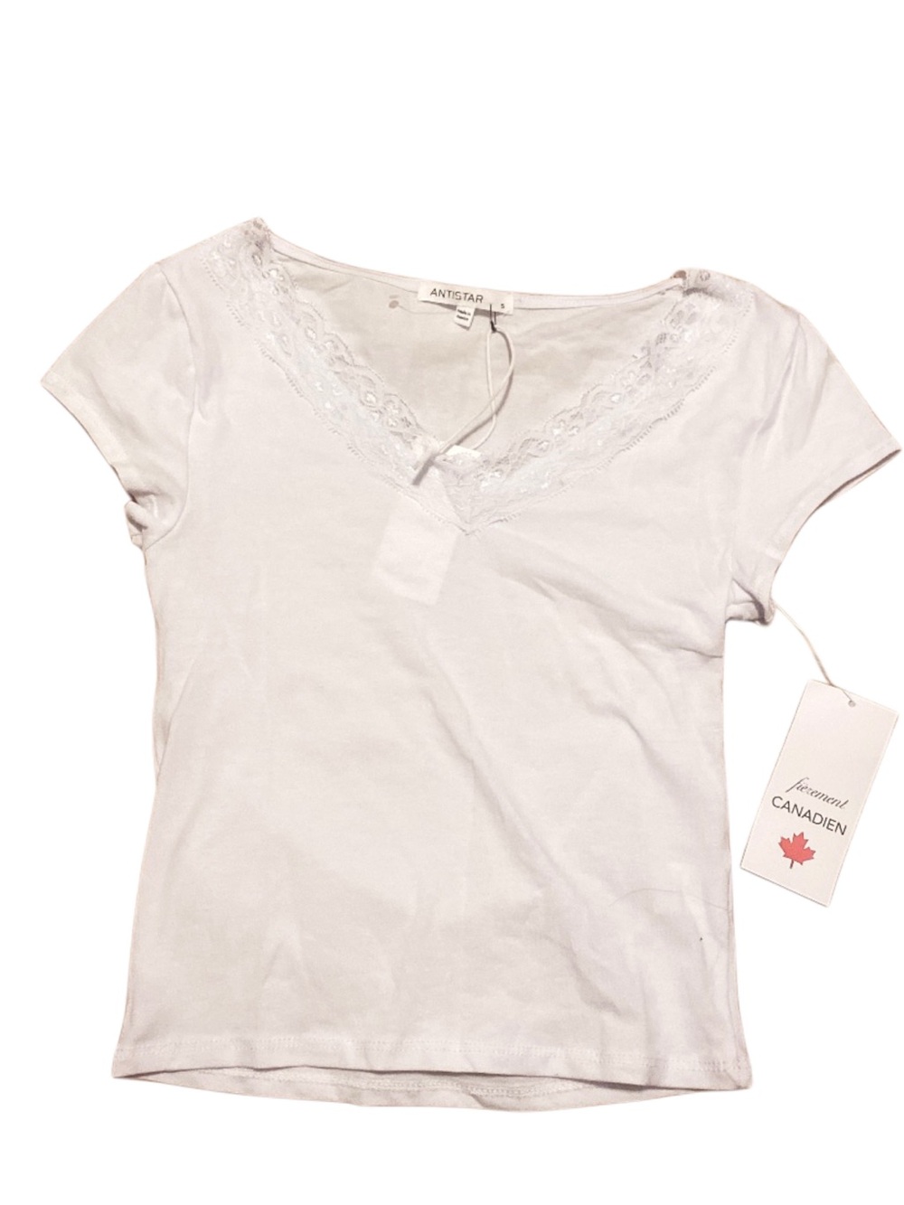 ANTISTAR White Lace-Trim Short Sleeve V-Neck Tee